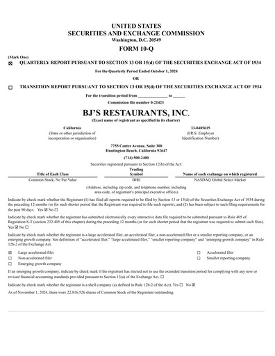 Vorschaubild BJ's Restaurants
 Quartalsbericht 2024-q3
