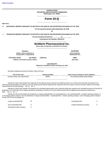 Thumbnail BioMarin Pharmaceutical Quarterly Report 2019-q3