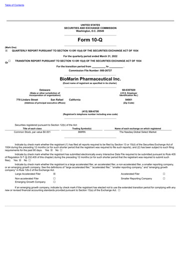 Thumbnail BioMarin Pharmaceutical Quarterly Report 2022-q1