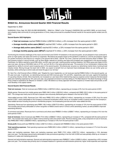 Thumbnail Bilibili Quarterly Report 2022-q2