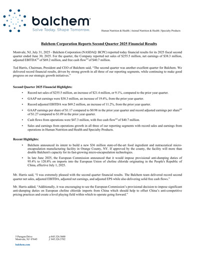Thumbnail Balchem Quarterly Report 2025-q2