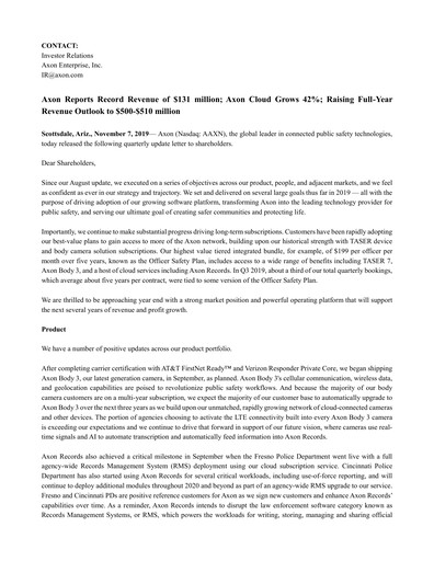 Vorschaubild Axon Enterprise
 Quartalsbericht 2019-q3
