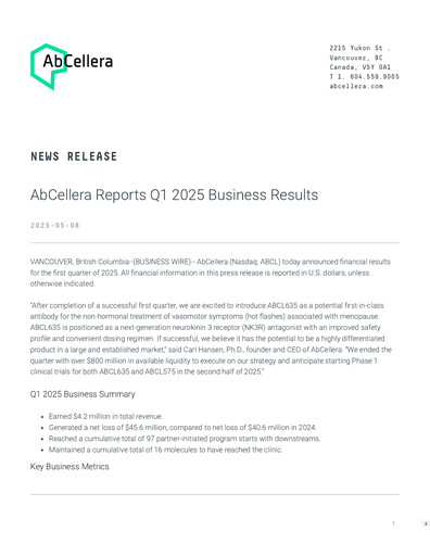 Thumbnail AbCellera
 Quarterly Report 2025-q1