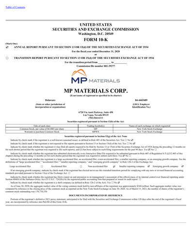 Thumbnail MP Materials Annual Report 2020