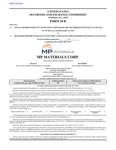 Thumbnail MP Materials Annual Report 2022