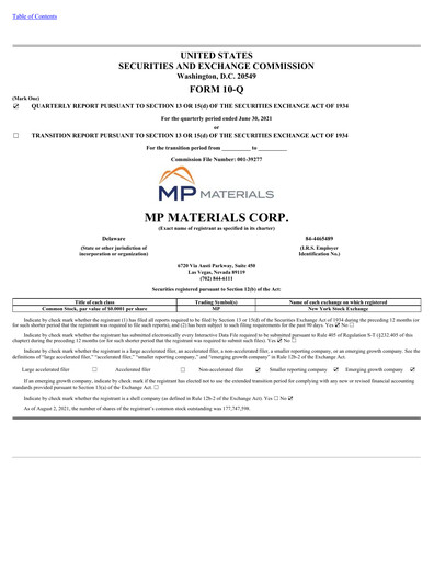 Thumbnail MP Materials Quarterly Report 2021-q2