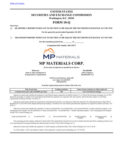 Thumbnail MP Materials Quarterly Report 2021-q3