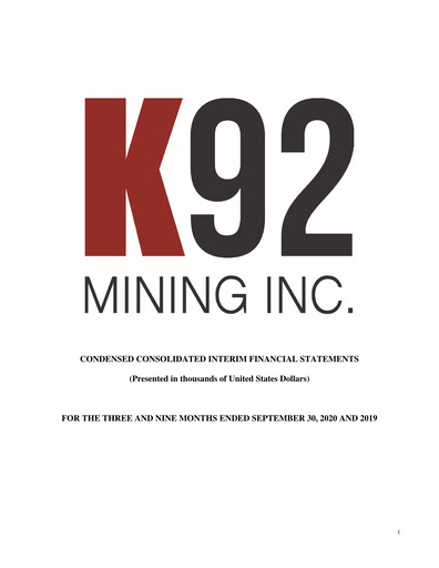 Vorschaubild K92 Mining Quartalsbericht 2020-q3