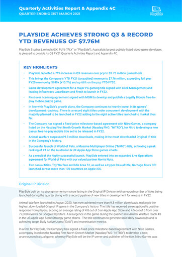 Thumbnail PlaySide Studios Quarterly Report 2021-q3