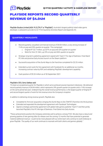 Thumbnail PlaySide Studios Quarterly Report 2022-q1