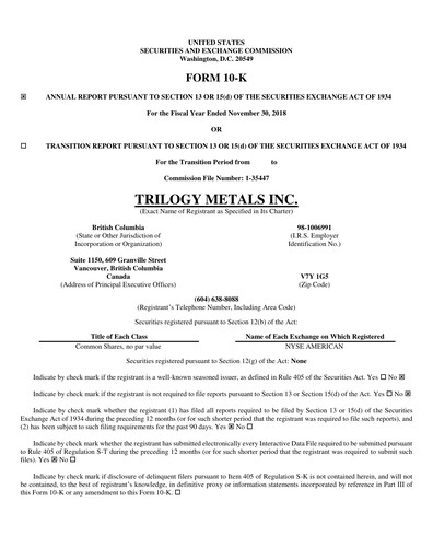 Miniature Trilogy Metals
 Rapport annuel fy2018