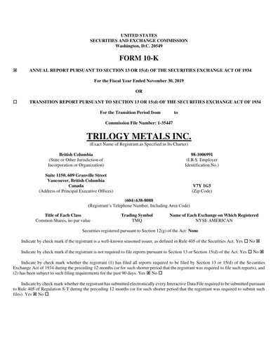 Miniature Trilogy Metals
 Rapport annuel fy2019