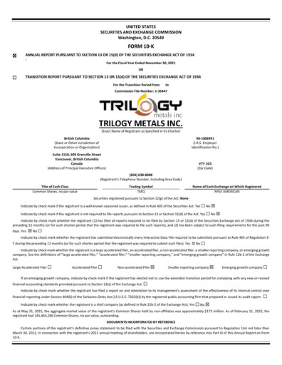 Miniature Trilogy Metals
 Rapport annuel fy2021