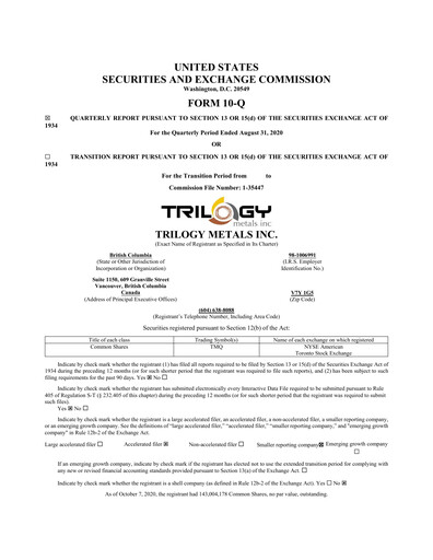 Miniature Trilogy Metals
 Rapport trimestriel fy2020-q3