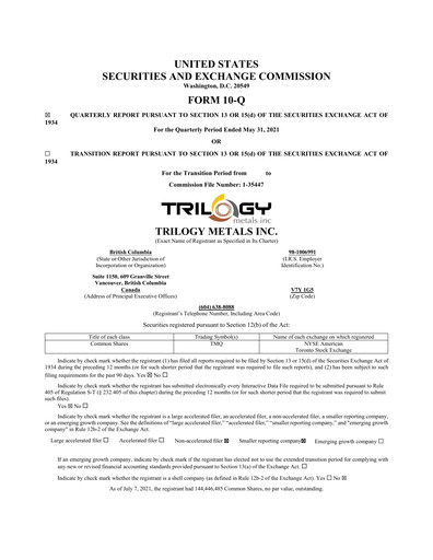 Miniature Trilogy Metals
 Rapport trimestriel fy2021-q2
