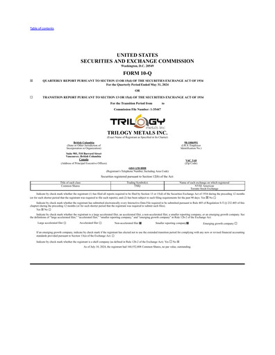 Miniature Trilogy Metals
 Rapport trimestriel fy2024-q2