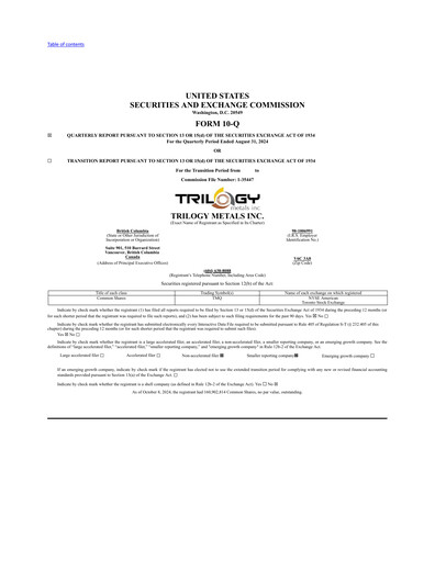 Miniature Trilogy Metals
 Rapport trimestriel fy2024-q3