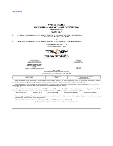 Miniature Trilogy Metals
 Rapport trimestriel fy2025-q2