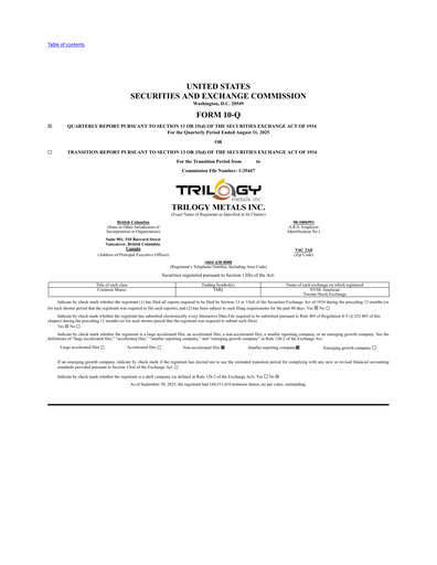 Miniature Trilogy Metals
 Rapport trimestriel fy2025-q3