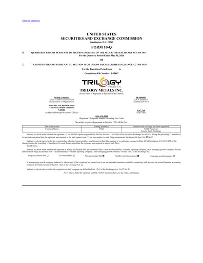 Thumbnail Trilogy Metals
 Quarterly Report fy2026-q2