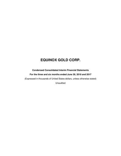Thumbnail Equinox Gold
 Financial Statement 2018-q2