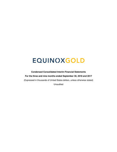 Thumbnail Equinox Gold
 Financial Statement 2018-q3