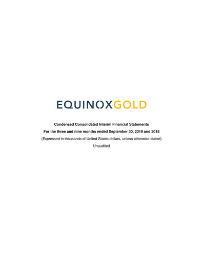 Thumbnail Equinox Gold
 Financial Statement 2019-q3