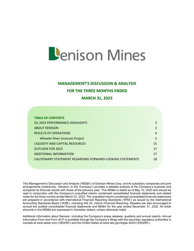 Thumbnail Denison Mines
 Quarterly Report 2023-q1
