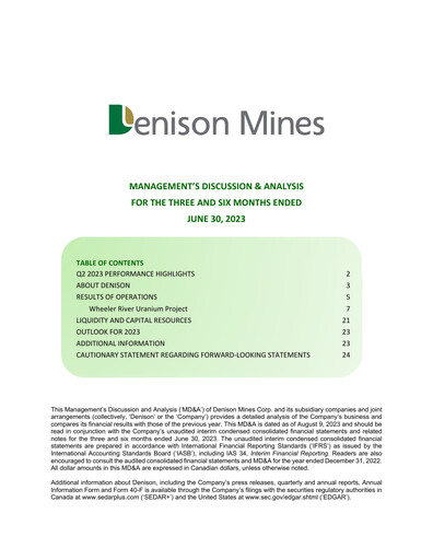 Thumbnail Denison Mines
 Quarterly Report 2023-q2