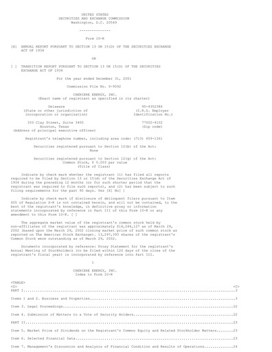 Thumbnail Cheniere Energy
 Annual Report 2001
