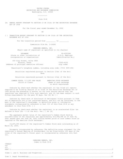 Thumbnail Cheniere Energy
 Annual Report 2002