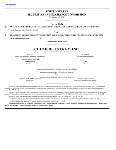 Thumbnail Cheniere Energy
 Annual Report 2003