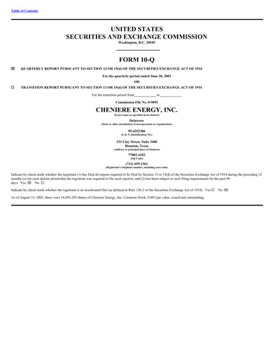 Thumbnail Cheniere Energy
 Quarterly Report 2003-q2