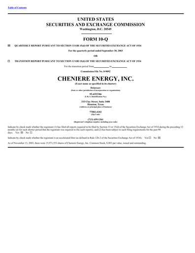 Thumbnail Cheniere Energy
 Quarterly Report 2003-q3