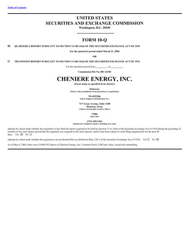 Thumbnail Cheniere Energy
 Quarterly Report 2004-q1