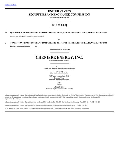 Thumbnail Cheniere Energy
 Quarterly Report 2005-q3