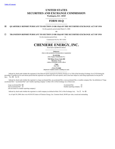 Thumbnail Cheniere Energy
 Quarterly Report 2008-q1