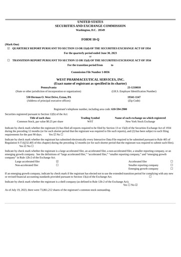 Vorschaubild West Pharmaceutical Services Quartalsbericht 2023-q2
