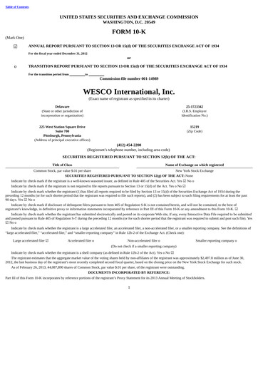 Thumbnail WESCO International
 Annual Report 2012