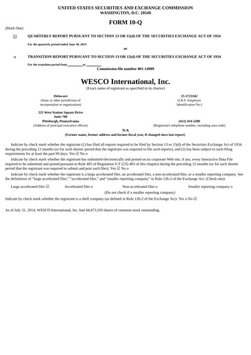 Thumbnail WESCO International
 Quarterly Report 2014-q2