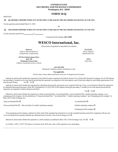 Thumbnail WESCO International
 Quarterly Report 2018-q1