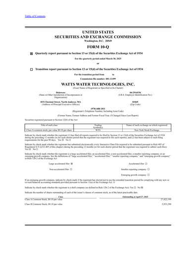 Thumbnail Watts Water Technologies
 Quarterly Report 2025-q1