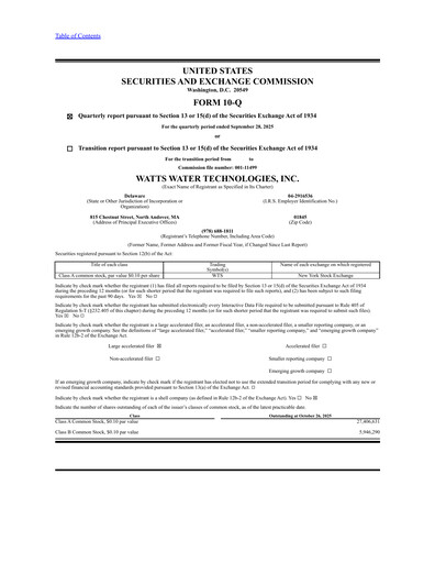 Thumbnail Watts Water Technologies
 Quarterly Report 2025-q3