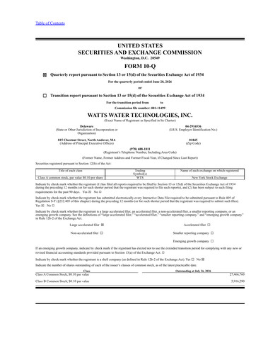 Thumbnail Watts Water Technologies
 Quarterly Report 2026-q2