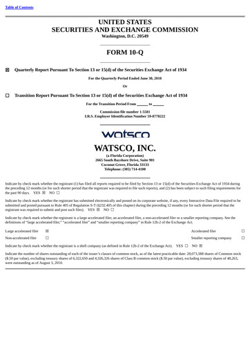 Thumbnail Watsco
 Quarterly Report 2010-q2