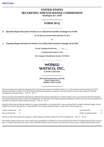 Thumbnail Watsco
 Quarterly Report 2014-q3