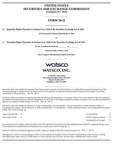 Thumbnail Watsco
 Quarterly Report 2018-q1