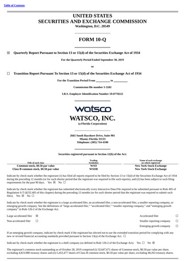 Thumbnail Watsco
 Quarterly Report 2019-q3