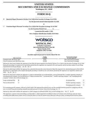 Thumbnail Watsco
 Quarterly Report 2020-q3
