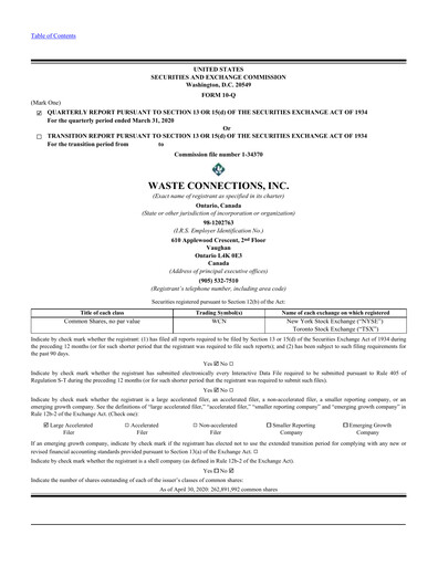 Miniature Waste Connections Rapport trimestriel 2020-q1
